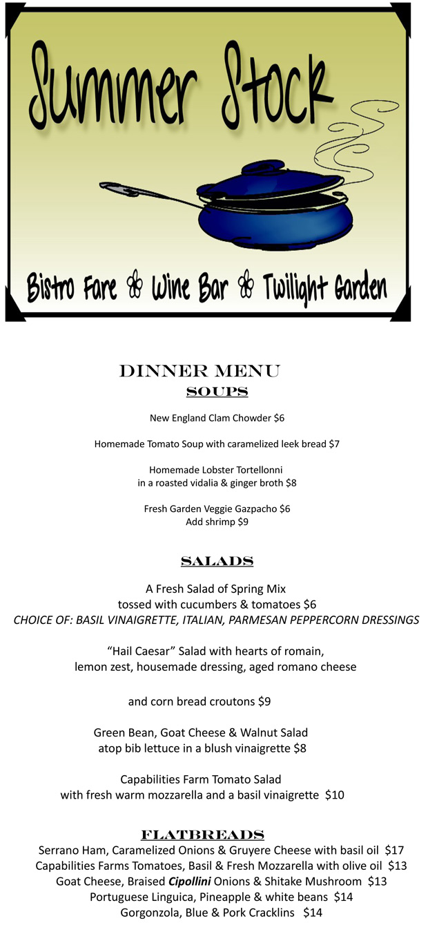 Menu for Summer Stock in dennis, Massachusetts