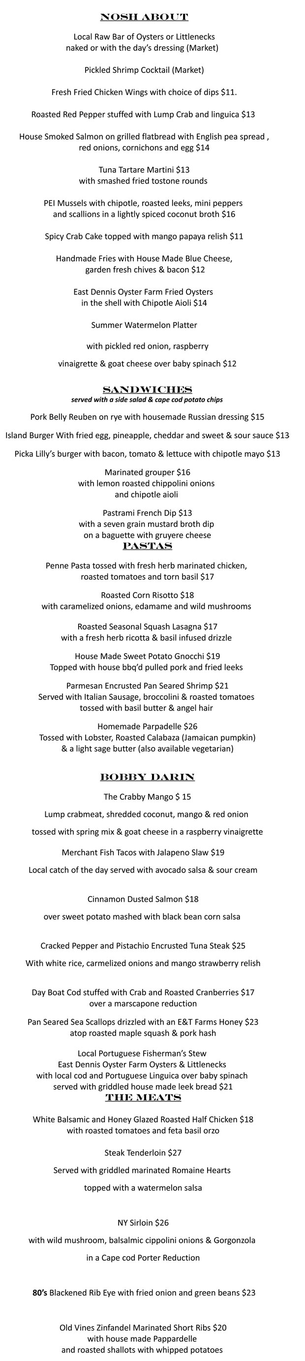 Menu for Summer Stock in dennis, Massachusetts